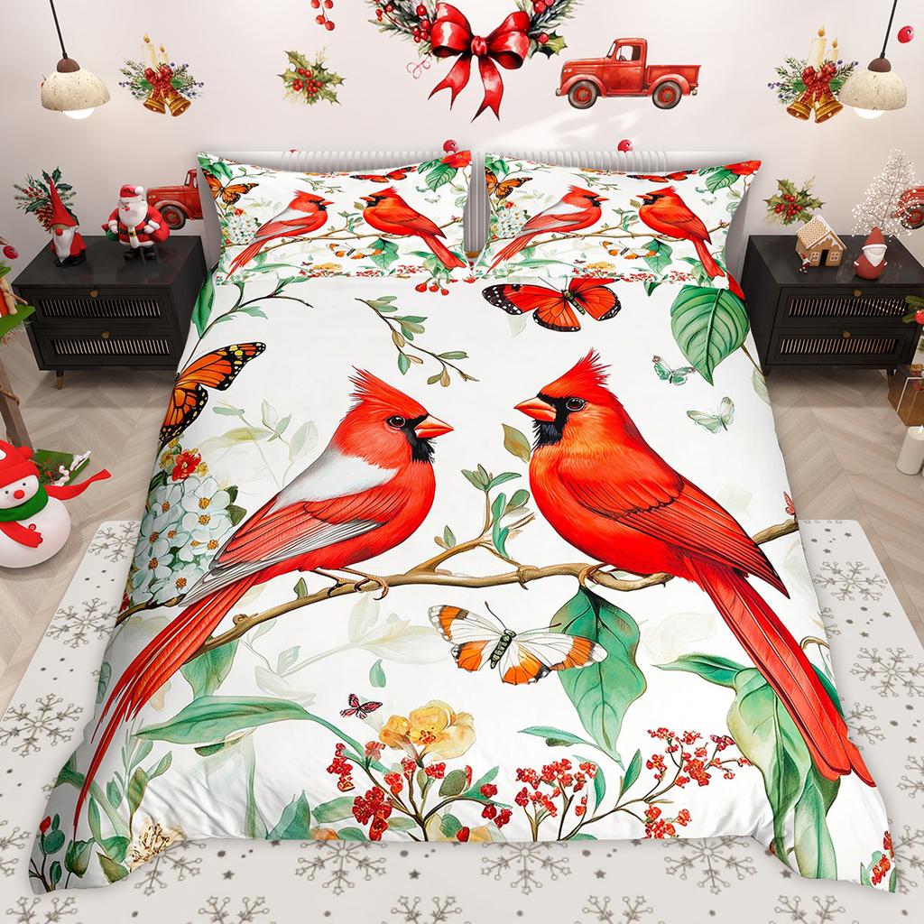 Homewish Wild Cardinal Bird Duvet Cover Set Merry Christmas Xmas Bed Set Snow Cherry Blossoms Quilt Cover Set