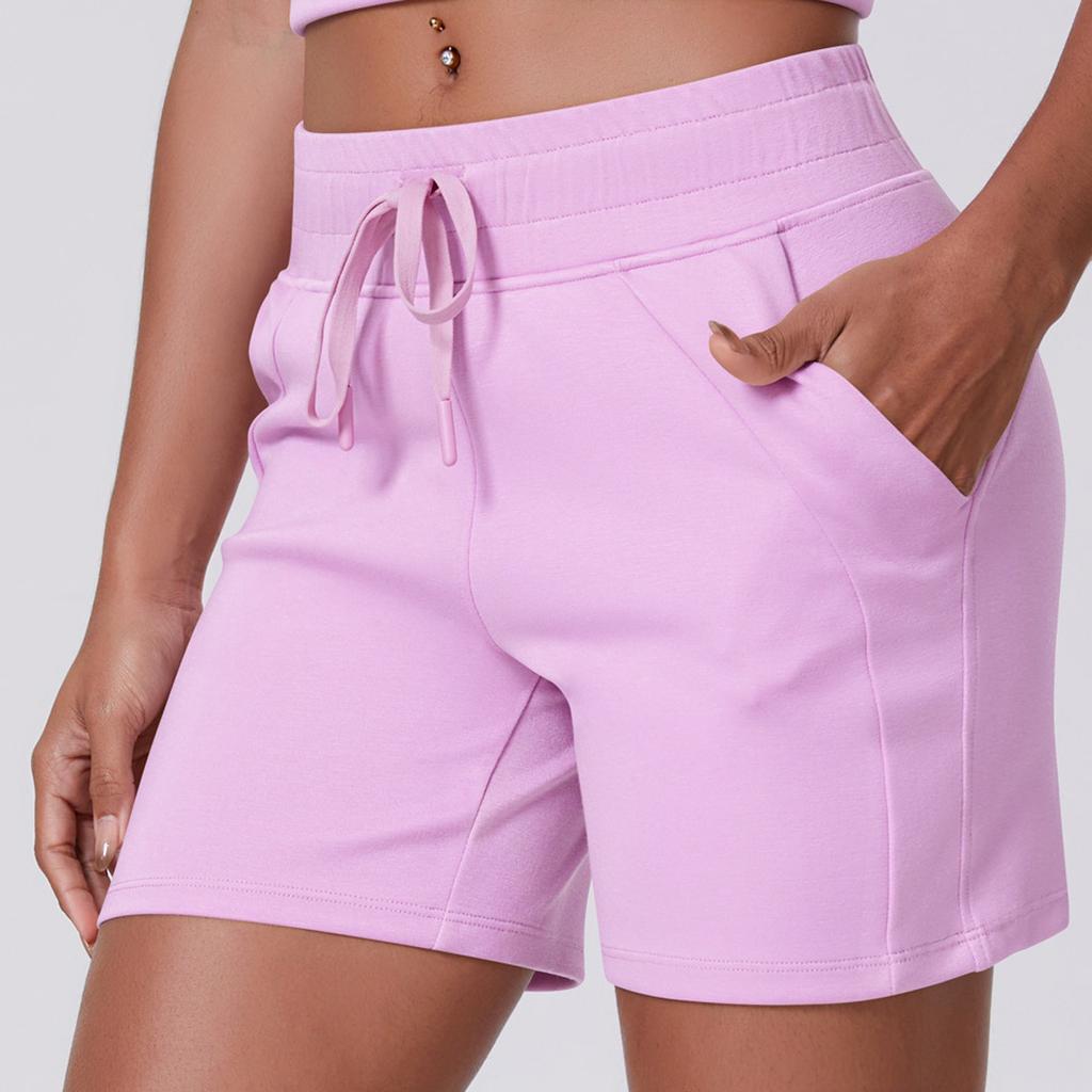 Women's Casual Loose Solid Color Drawstring Pocket Yoga Running Fitness Three Quarter Shorts