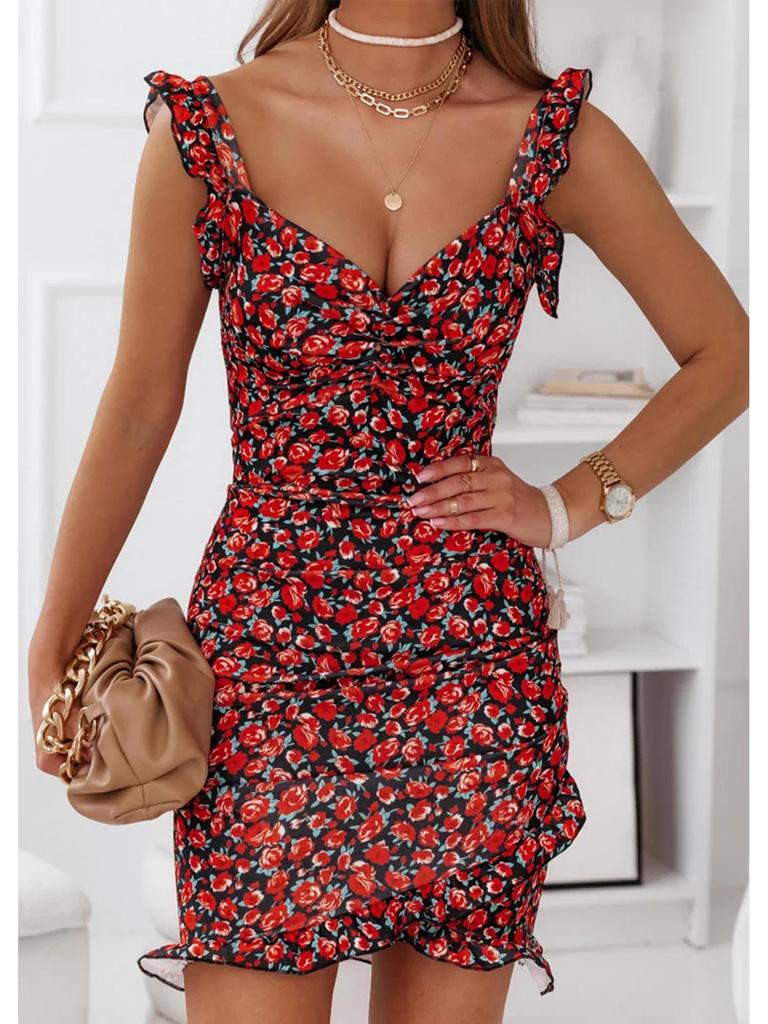 Summer 2026 Floral Print Ruffle Sleeveless V-neck Dress