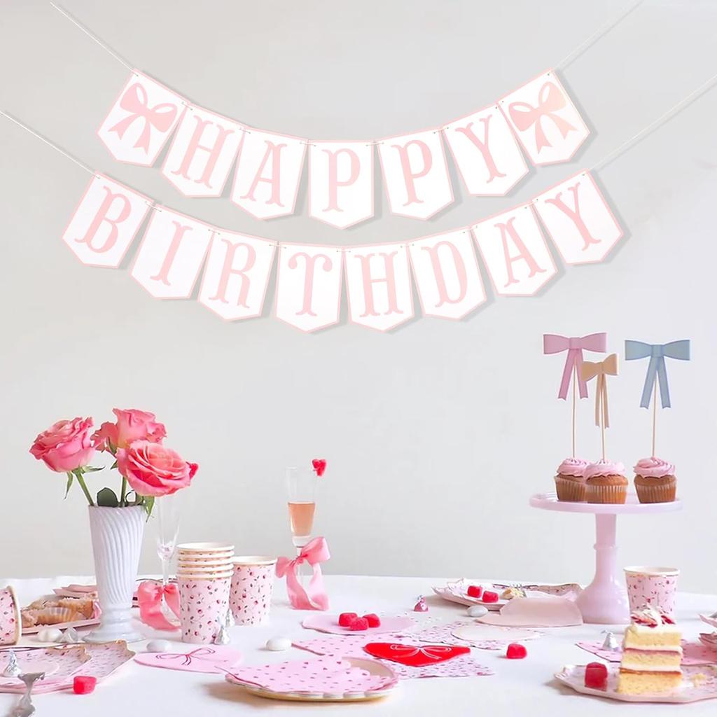 Happy Birthday Bow Girl Banner - Bow 1st Birthday Decoration,Pink First Bow Happy Birthday Banner,Girl First birthday Party Decor
