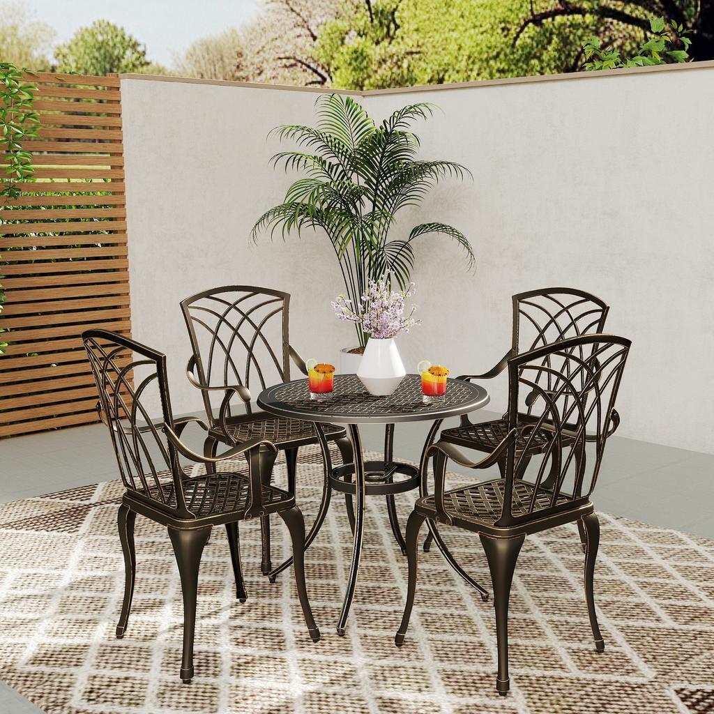 5 Pieces Garden Dining Set for 4, Cast Aluminium Outdoor Dining Set with 4 Armchairs and Round Dining Table with Parasol Hole