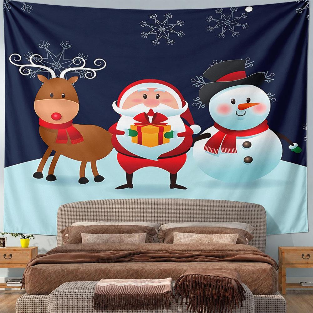 Reindeer Santa Snowman Night Tapestry Wall Hanging Christmas Snow Decor for Bedroom Living Room Winter Gift