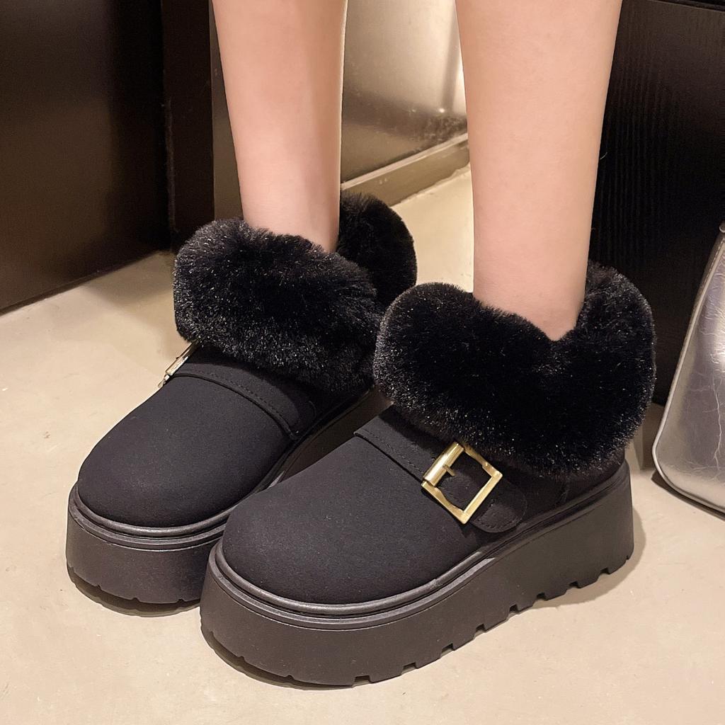 Large size snow boots versatile thick-soled splicing fluff heightening snow boots women's autumn and winter velvet cotton shoes