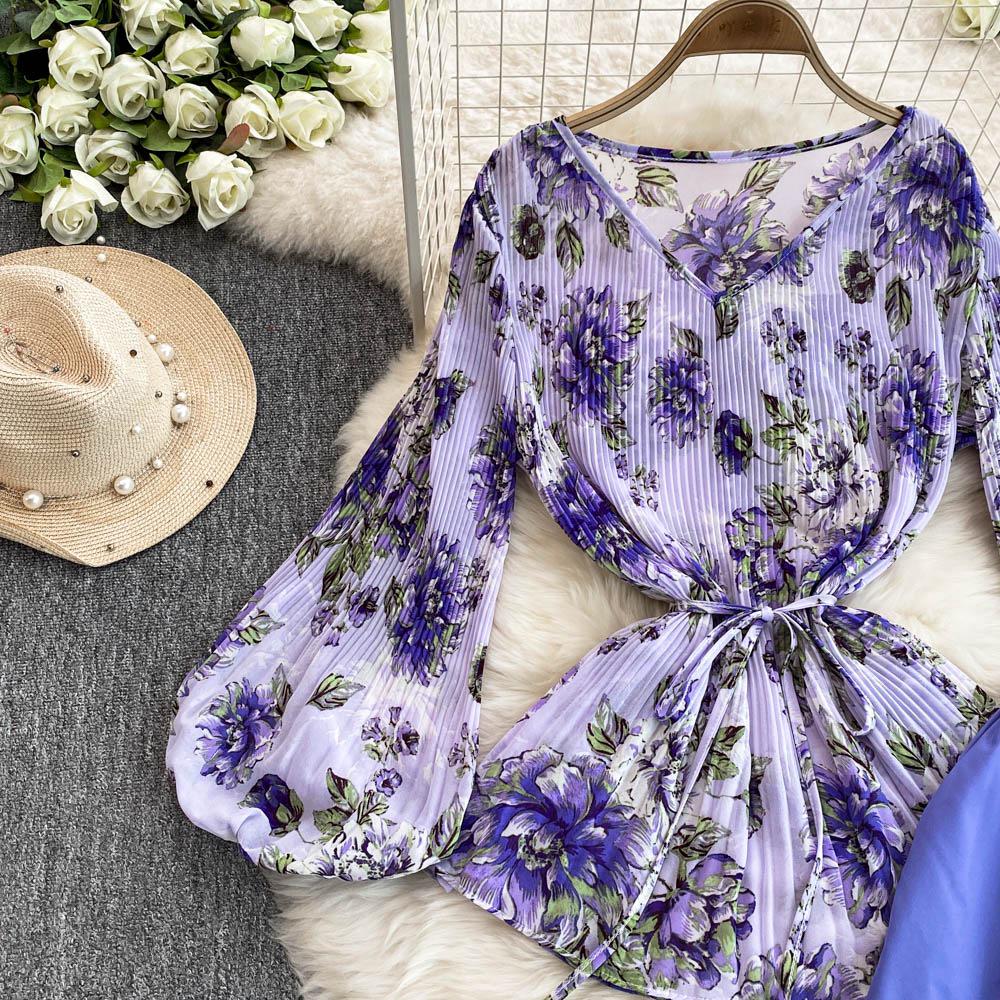 Mature Style Two-Piece Women's Suit: Loose Floral Pleated Shirt & High Waist Wide Leg Trousers