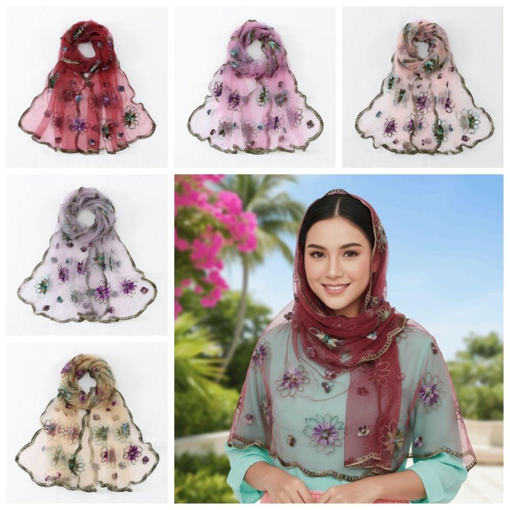 Lightweight Sheer Shawl Embroidered Summer Hijab Lace Scarf Floral Headwrap  Sun Protection