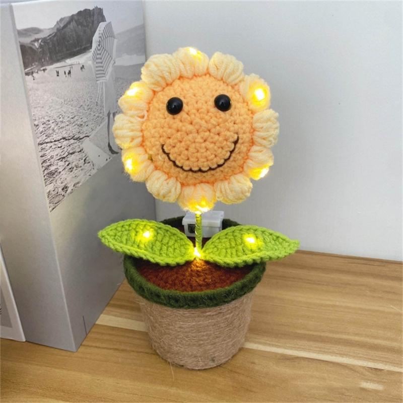 Gehäkeltes Lachendes Sonnenblumen-Topf-Ornament mit LED-Licht Handgefertigte Dekorationen für Innenbereich Schreibtisch Partys Veranstaltungen Geschenk