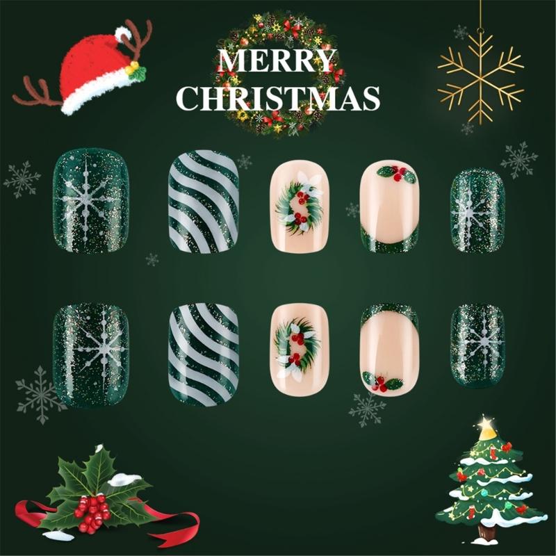 24 Pcs Christmas Press On Nail Wreath Stick On Nail Glittering Stripes Acrylic Nail Short Full Cover False Nail