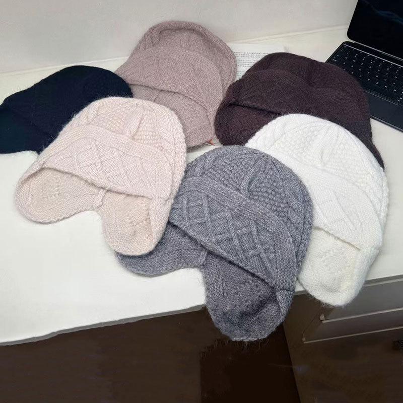 Korean Rabbit Fur Knitted Ear Protection Bomber Hat Women Autumn Winter Warm Face Small Flying Hat Big Size Wool Beanie Cap
