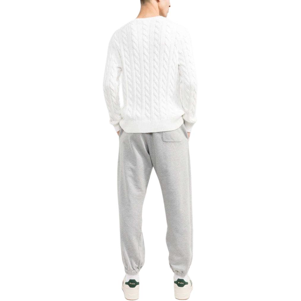 Polo Ralph Lauren SS22 Jednobarevný svetr s kulatým výstřihem a copánkovým vzorem Pánský svetr Bílý 710775885C-033