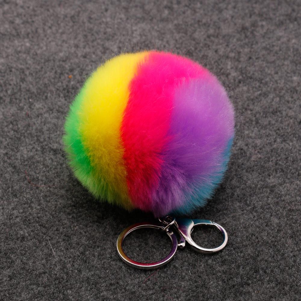 Multicolor 10cm Striped Faux Rabbit Fur Pom-Pom Keychain & Plush Pendant 10cm Faux Rabbit Fur + Silver Chain красный/жёлтый