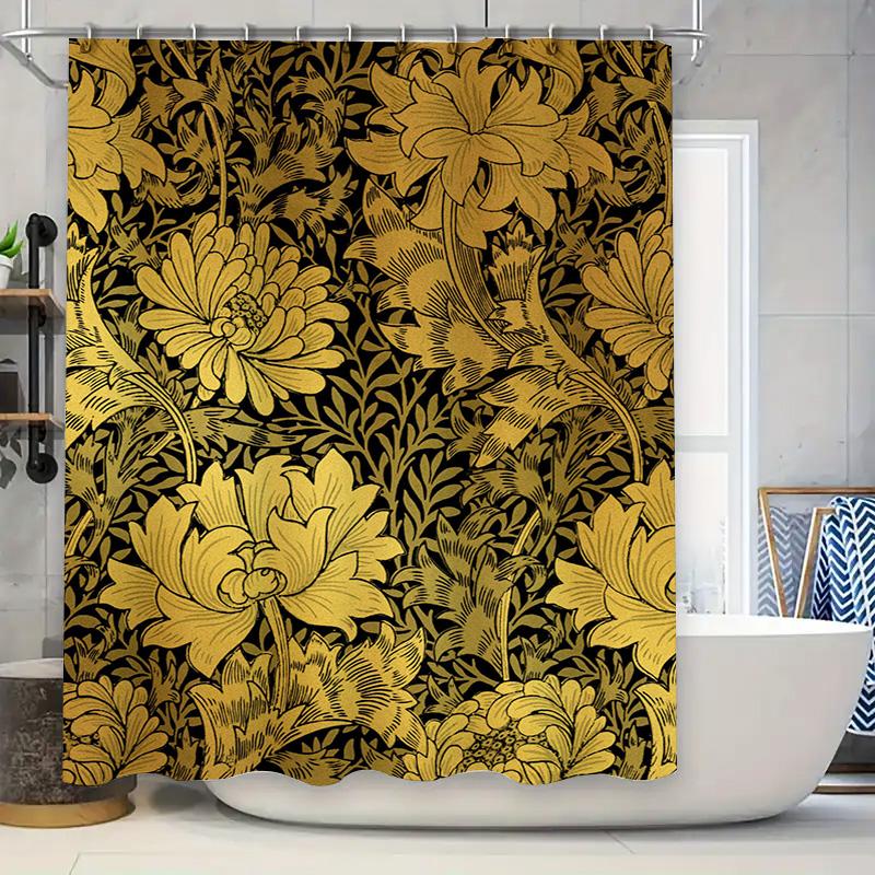 

Luxury Golden Floral Print Shower Curtain Bathroom Decor In Black Gold Colors For Home Use W60H190(CM)-1 Pcs