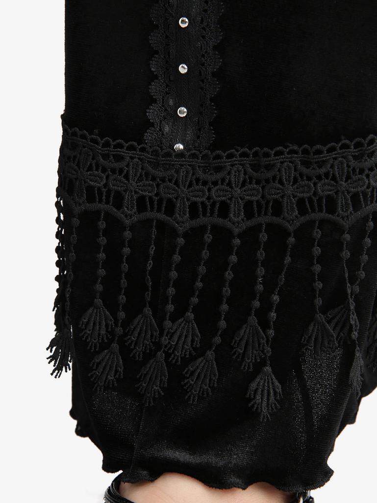 Rosegal Gothic Rose Blume Mesh Applikation Nieten Spitze Besatz Quaste Samt Schlaghose