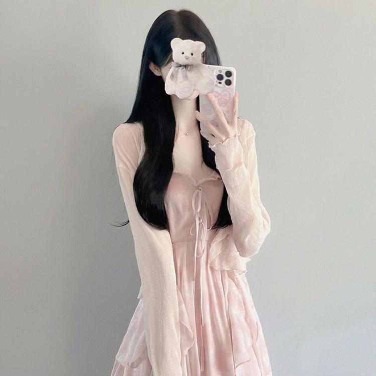 Spring 2026 Women's Sweet Ruffle Maxi Dress Set with Jacket and Cinched Waist Spaghetti Straps
