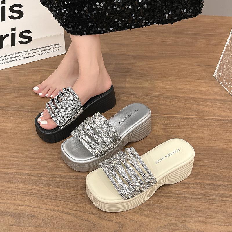 Thick-soled Heel Rhinestones 2025 Summer New Skirt Outer Wear with Fairy Wind Slope One-word Slippers Open-toed Cool Slippers