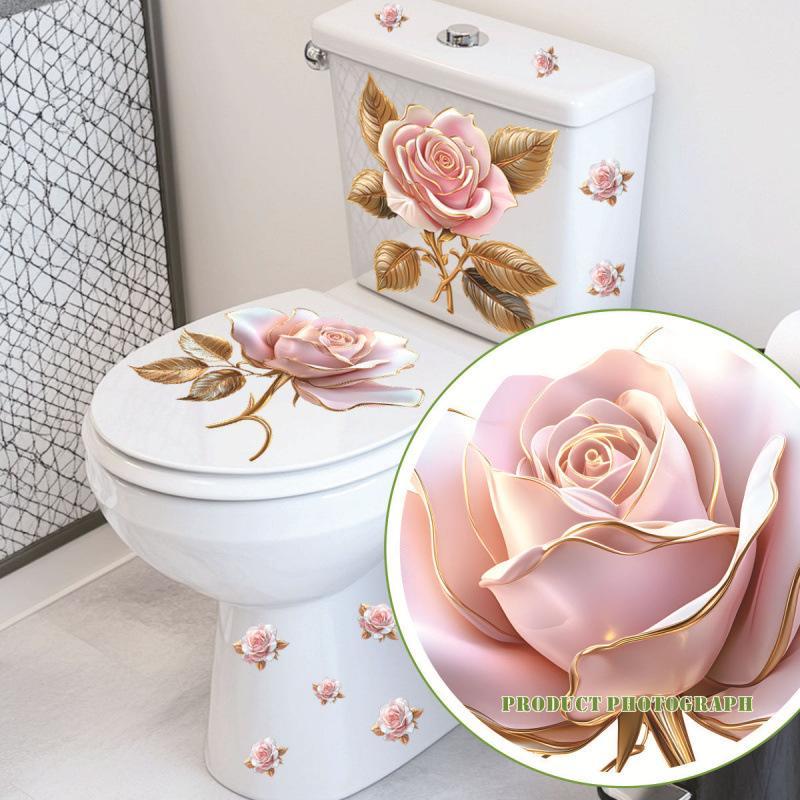 Luxury Pink Rose Floral Toilet Sticker, Waterproof Self-Adhesive Bathroom Decor Sticker Wall Stickers Wall Sticker Wall Decor