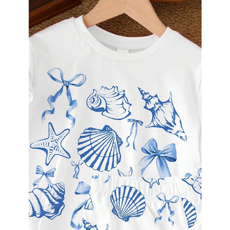 European sizes Summer Girls' Casual Round Neck T-Shirt Cute Marine Life, Shell, Bowknot Print Pattern Fashion Trend