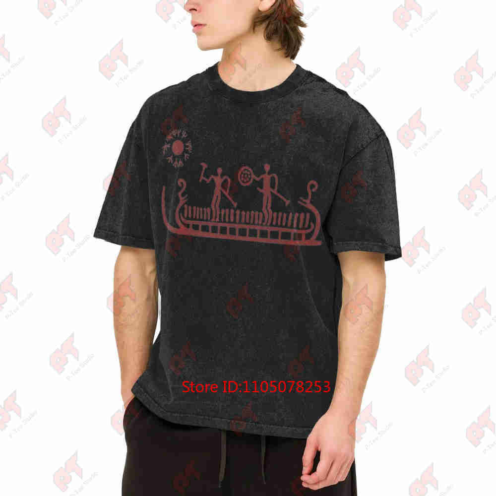 Norse Petroglyphs Viking Longship Bronze Age Nordic Rock Carvings Vintage Washed Tee Pure Cotton T-Shirt