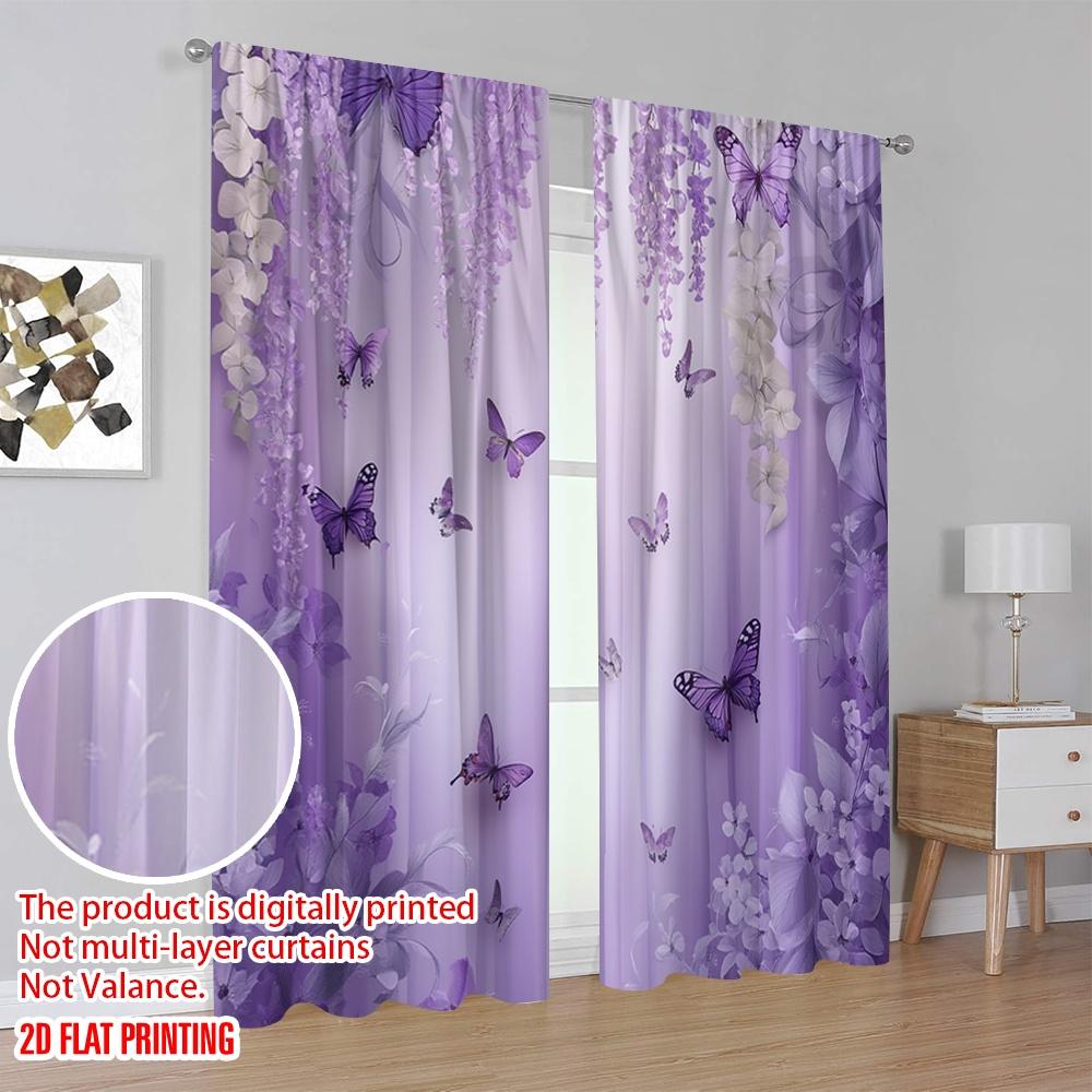 Set Of 2 Elegant Flat Printing Window Drapes Purple Butterfly Floral Digital Printed Polyester Festive Wall Decor Curtain Made