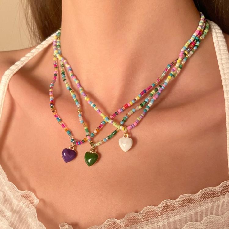 Heart Pendant Beaded Necklace Bohemian Style Chokers Contrast Colored Jewelry