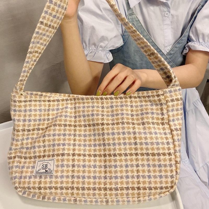 0 Niche Woolen Navy Blue Grid Shoulder Bag Bag Versatile Underarm Bag Large Capacity Satchel Small Square Bag