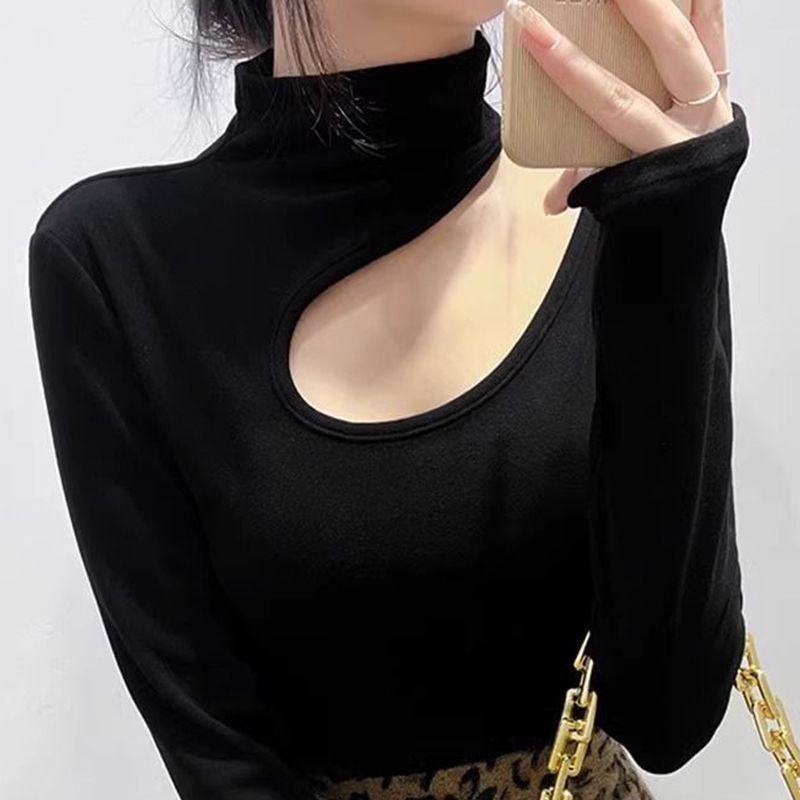 

Women s Plush Long-Sleeve Turtleneck Slimming Plus-Size Base Layer Top for Spring, Autumn, and Winter M чёрный