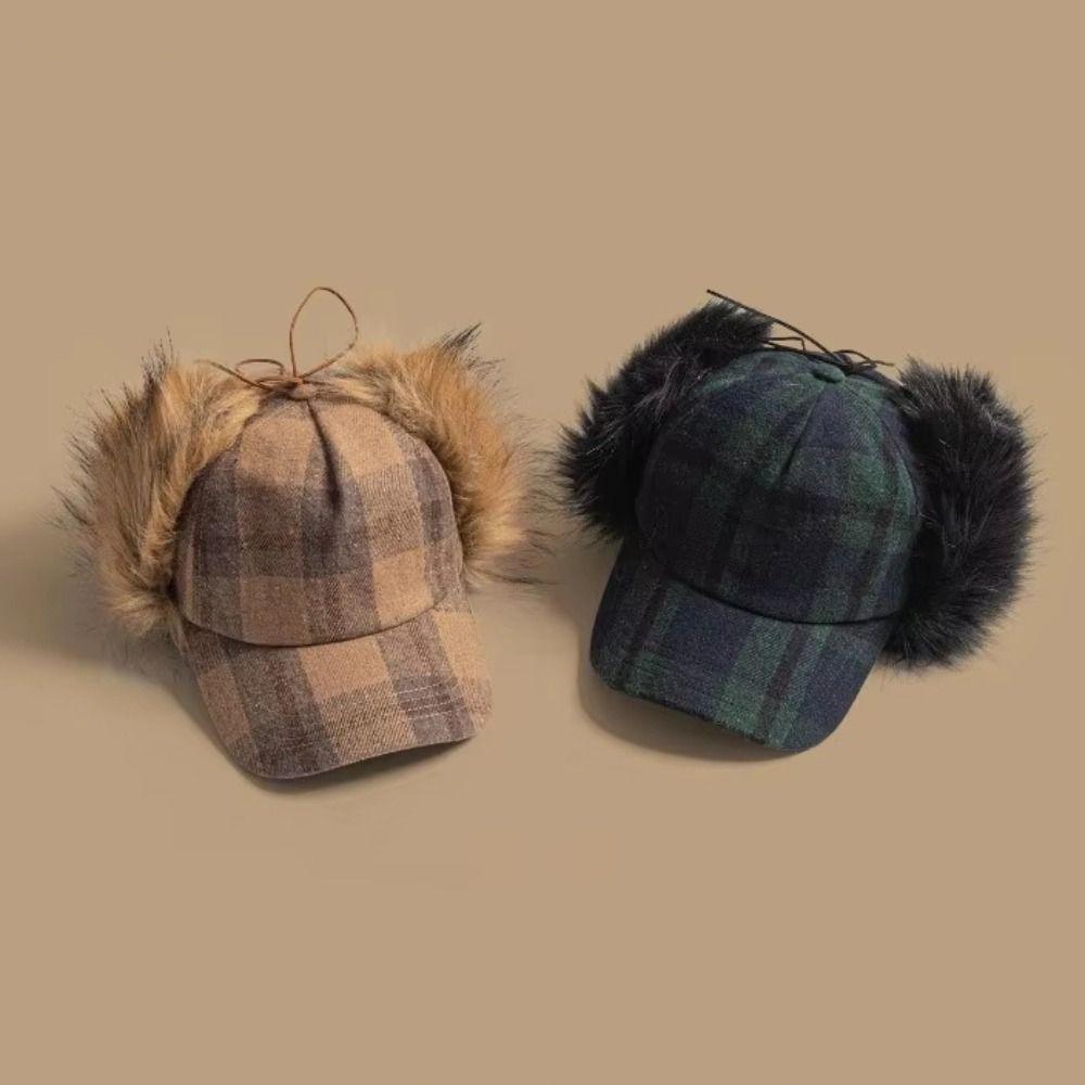 Faux Fur Pilot Hat Plaid Pattern Ear Protection Caps Fashion Bomber Cap Winter Outdoor