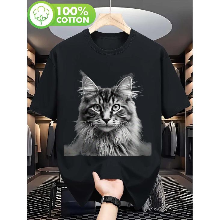 Maine Coon Cat Film Black And White Photo T-Shirt - 100% Cotton Comfortable Unisex Tee for Both Men And Women, Perfect Casual Gift for Cat