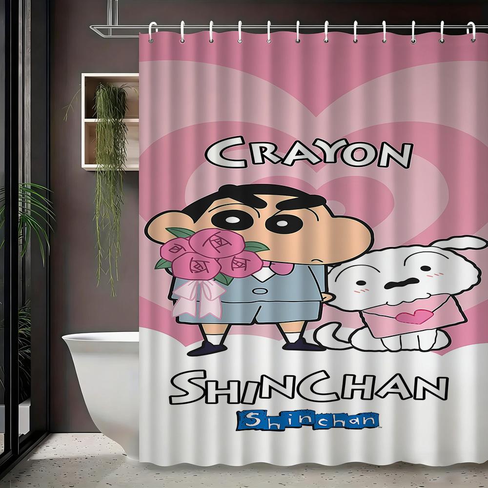 Crayon Shin-Chan & Shiro Best Friend Flying Scene 2D Print Waterproof Shower Curtain, Sweet Pink With Clouds & Daisies Bathroom