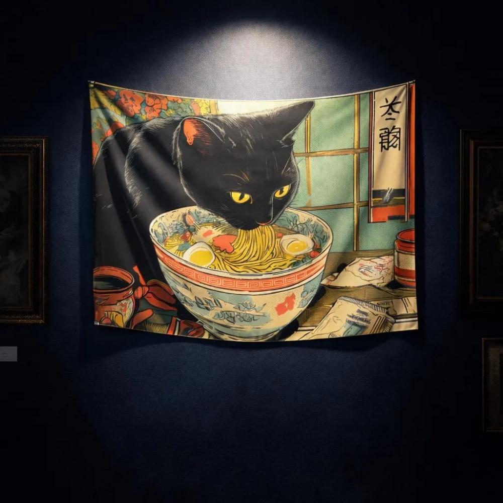 1pc Cat Eating Ramen Tapestry Cute Black Cat Wall Hanging Ramen Shop Decor For Bedroom Home