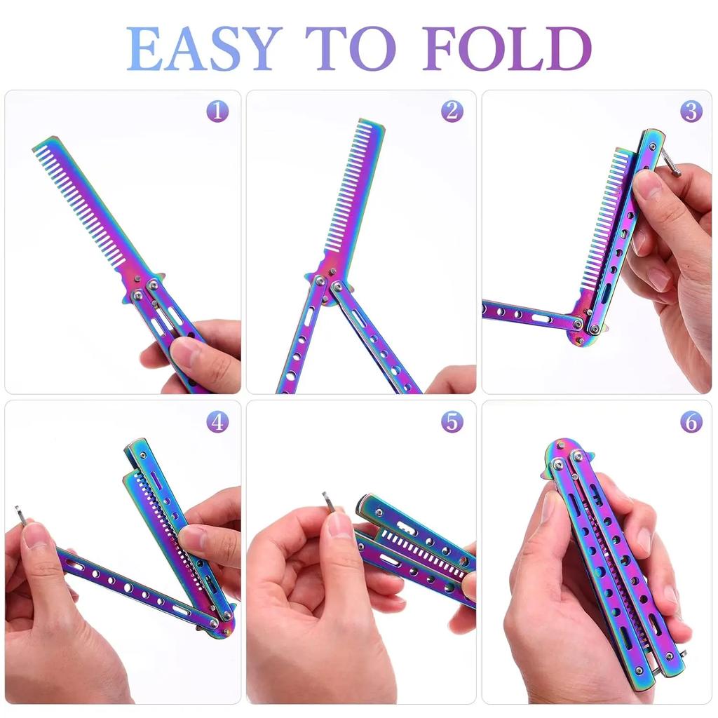 Foldable Comb Stainless Steel Practice Training Butterfly Knife Comb Beard Moustache Brushe Salon Hairdressing Hair Styling Tool