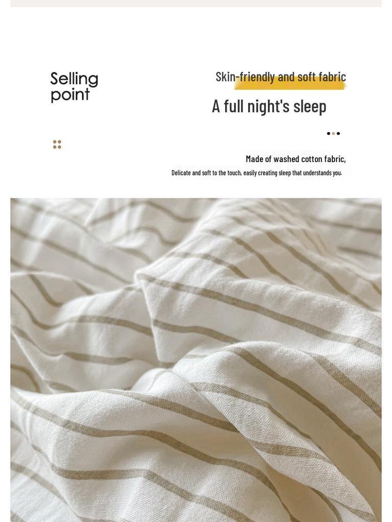 Skin-Friendly Washed Cotton Dorm Three-Piece Set: Stripe Duvet Cover & Pillowcase, Single/Double Size, Class A Quality