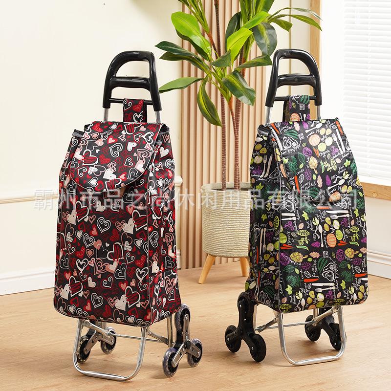 Portable Folding Trolley Cart for Seniors - Floral Pattern, Large Capacity for Grocery Shopping and Home Use