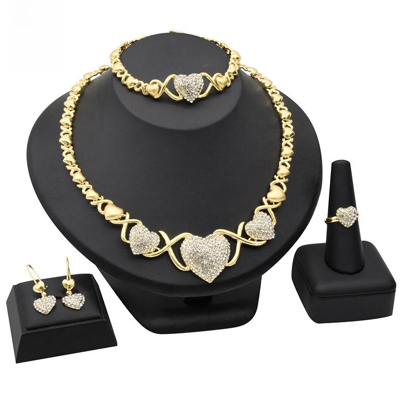 

New Dubai 18K/24K Heart-Shaped Diamond Jewelry Set: African Wedding Necklace, Ring, Earrings, Bracelet - 4 Piece Set