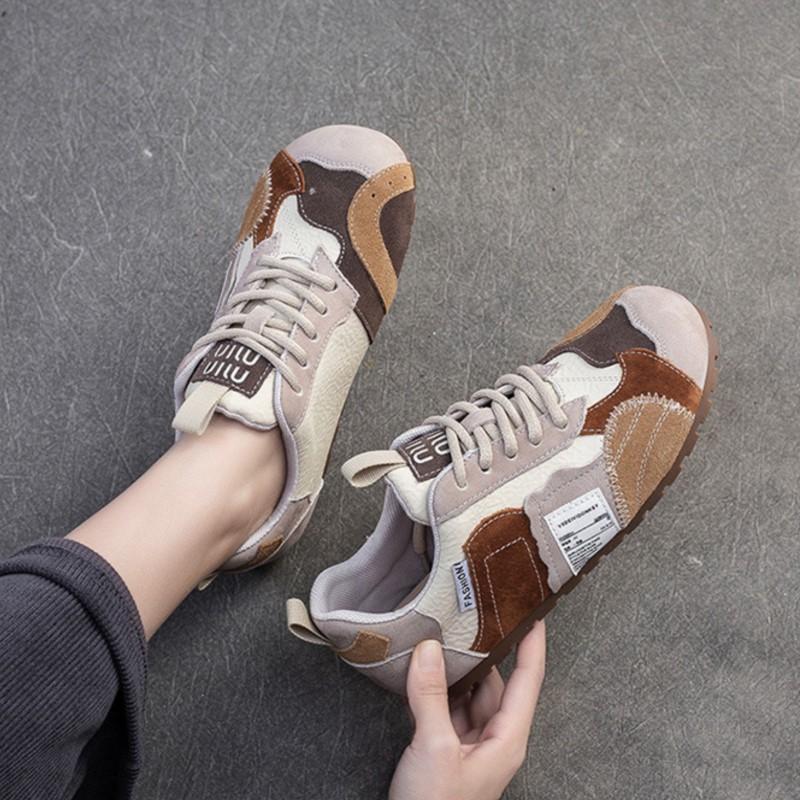 Johnature Color Contrasting Casual Flat Shoes Comfortable Lightweight Soft Soled Retro Women's Shoes