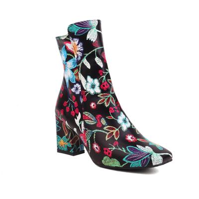Q/Damen-Kurzstiefel mit hohen Absätzen für mehr Komfort, kurze Stiefel mit dicken Absätzen für Herbst und Winter, neue große, bedruckte Kurzstiefel