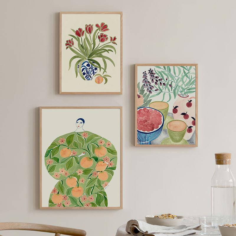 Tulip Vase Woman Coat Flower Fruit  Abstract Gallery Posters And Prints Wall Art Canvas Painting Pictures For Living Room Decor