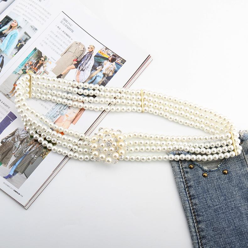 Ladies Dress Embellished With Four Rows Of High-Quality Pearl Elastic Elastic Flash Diamond Belt Waist Chain