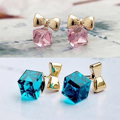 Women Chic Bowknot Shiny Cube Rhinestone Ear Studs Cute Dangle Earrings AVE