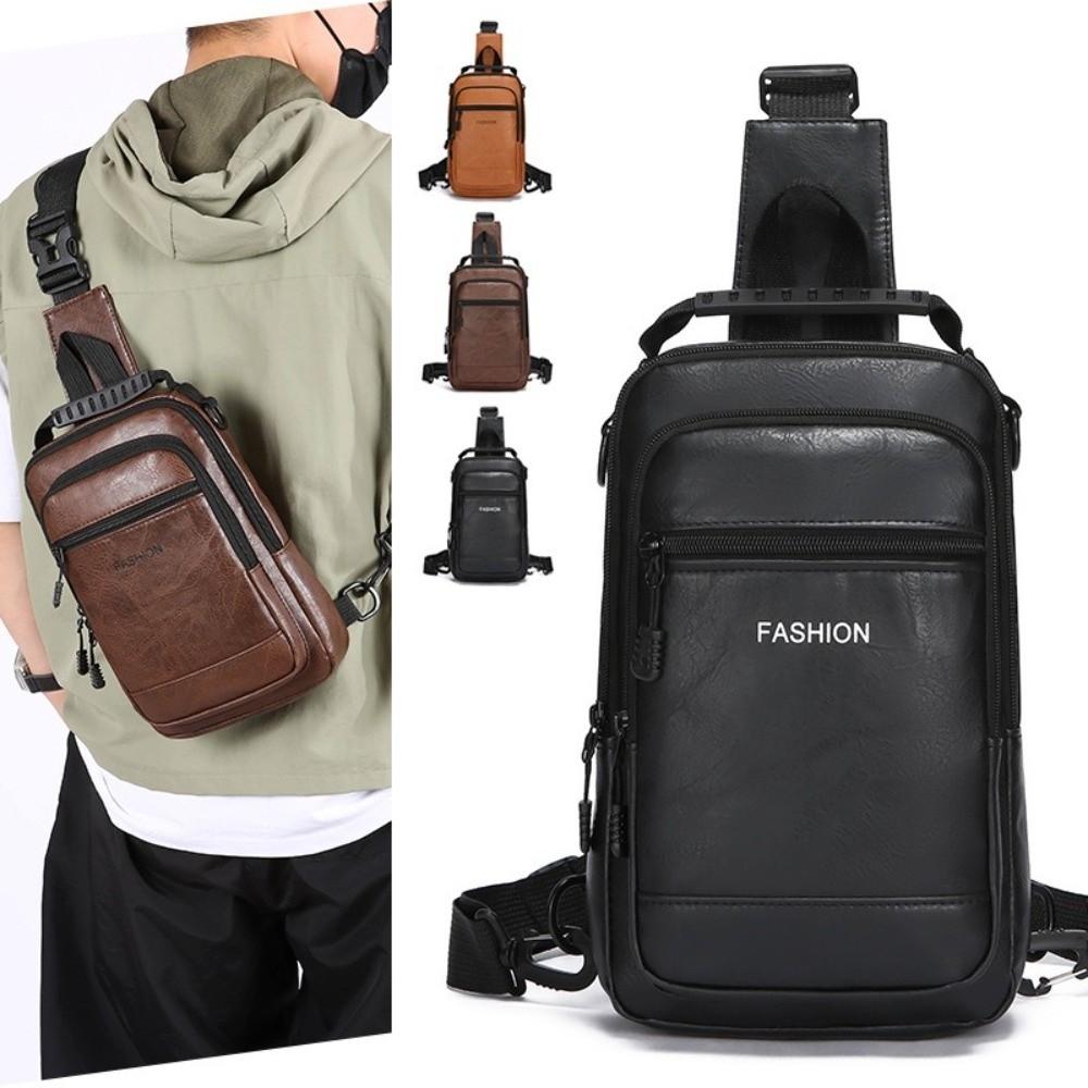 PU Leather Sling Shoulder Bag Solid Color Male Crossbody Bag Backpack Men's Chest Bag  Daily