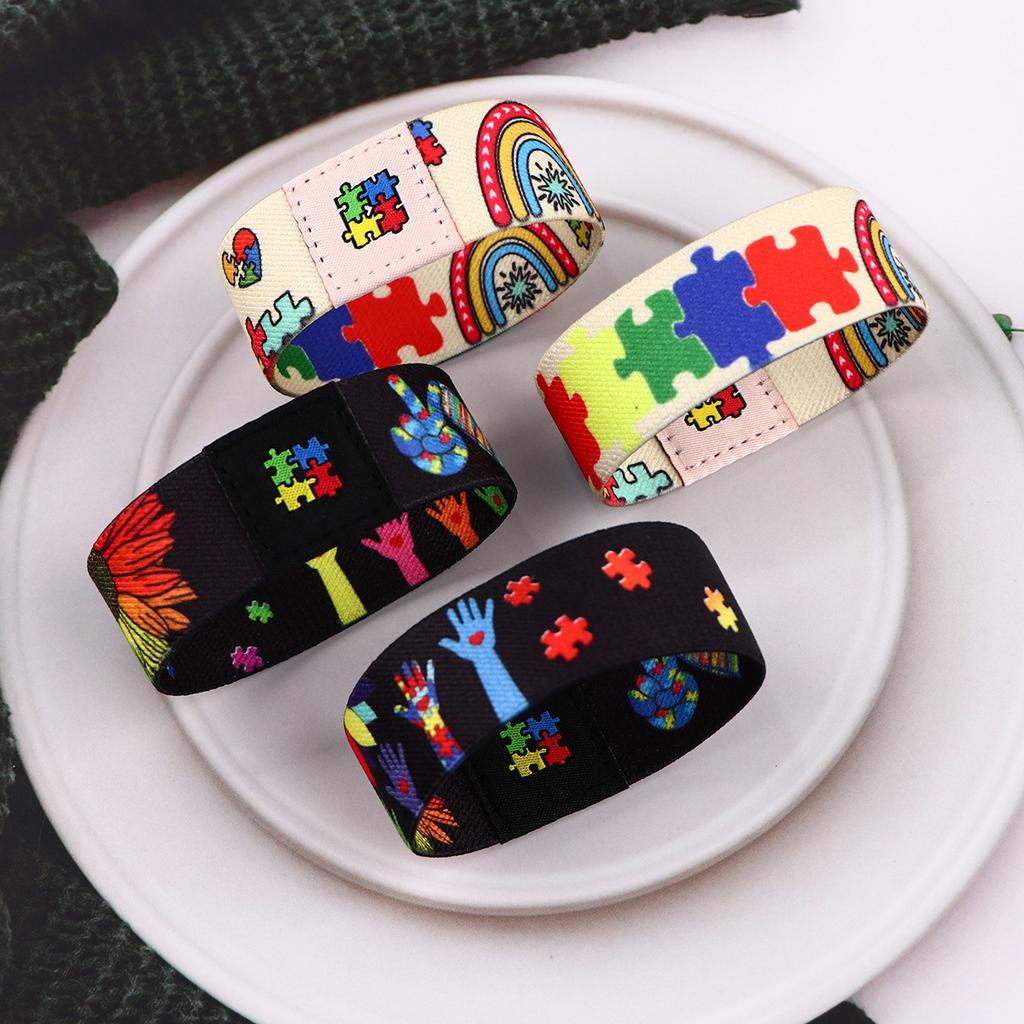 Autism Awareness Puzzle Men Women Stretch Wristband Bracelet Colorful Wide Band Bangles Armband Fashion Accessories Gifts