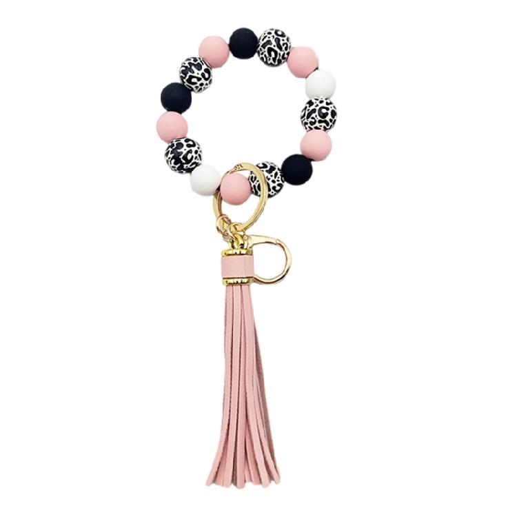 Trendy Beaded Bracelet Keychain Key Wristlet PU Tassels Key Rings Wood Beads Wristlet Stylish Pendant for Stylish Women розовый1