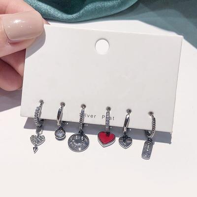 925 Sterling Silver 6-piece Earring Female Set Smiley Heart Lucky Hoop Earrings Personal Party Jewelry Gift