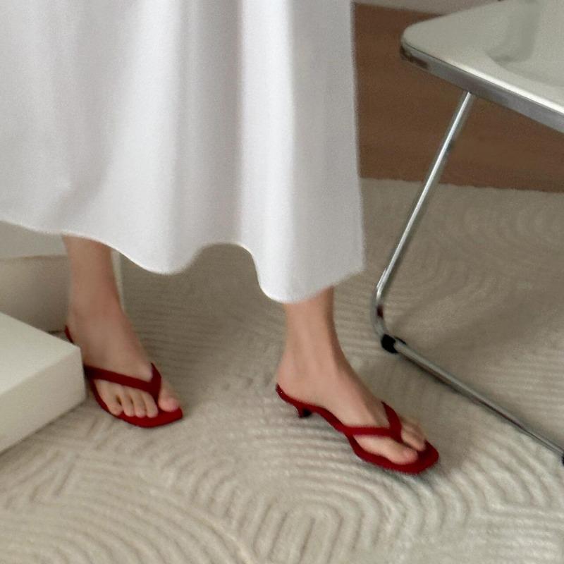 Sheepskin~ Za New Red Leather Cat and Flip-flops for Women In Summer, Wearing Slippers with High Heels and Cool Slippers.