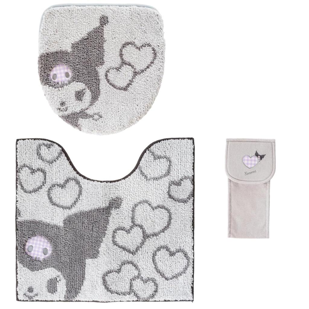 OKA Sanrio Characters Scrunchie Toilet Mat, Approx. 55cm X 60cm, 3-Piece Set, Includes Paper Holder Cover and Lid Cover, Gray (Kuromi) (Hello Kitty Cu