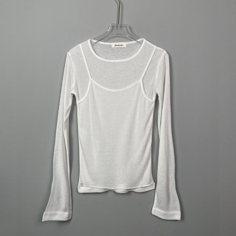 

Dongdaemun Кохання з першого погляду: Приталена багатошарова футболка з двох частин – злегка прозора, доступна в 2 кольорах One Size білий