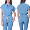 Damen Krankenschwester Overall Stehkragen Kurzarm Mehrfarbig Kordelzug Taille Mehrere Taschen Medizinischer Overall Gesundheitswesen Arbeitskleidung