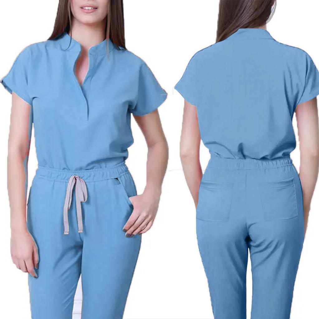 Damen Krankenschwester Overall Stehkragen Kurzarm Mehrfarbig Kordelzug Taille Mehrere Taschen Medizinischer Overall Gesundheitswesen Arbeitskleidung