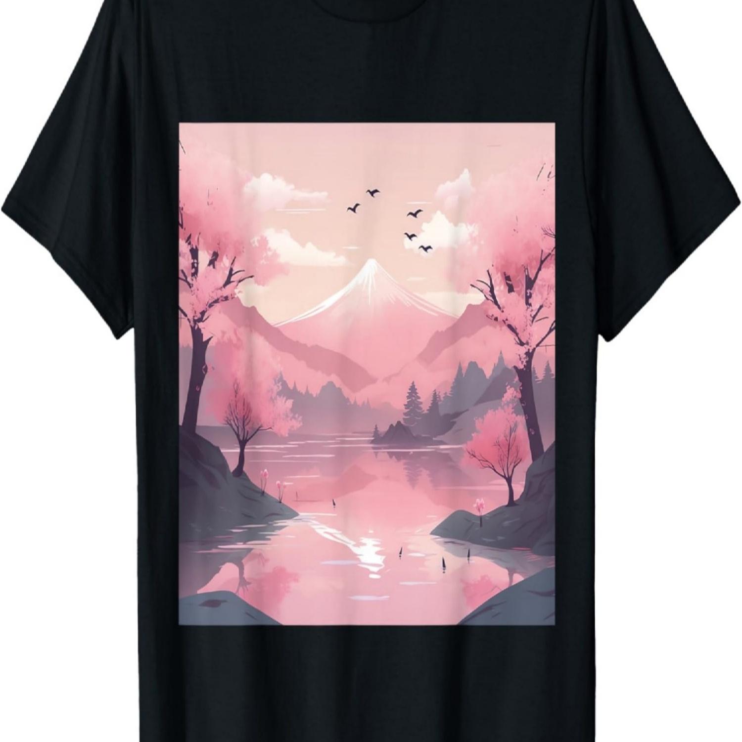 

Pink Blossom Symphony Scenic Cherry Blossom Art Print T-Shirt S чёрный