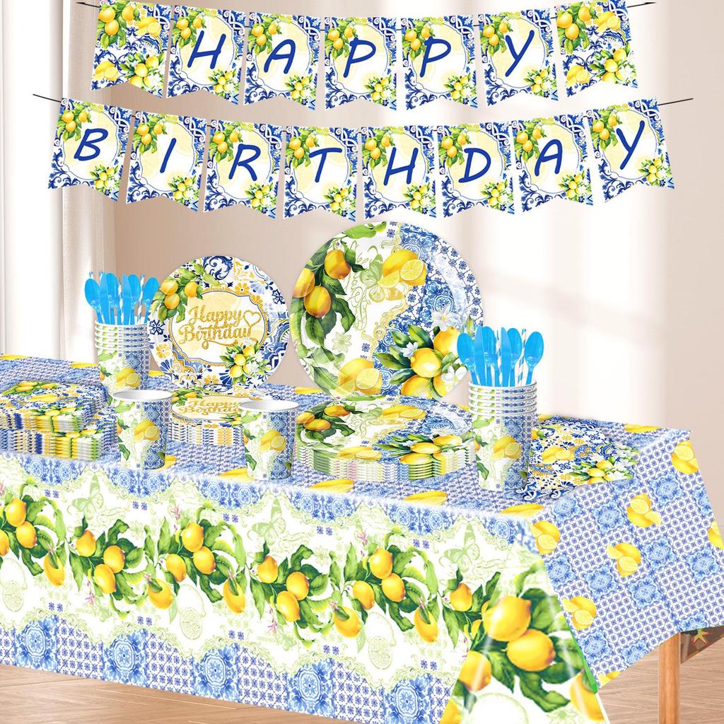 Retro Blue and White Porcelain Lemon-Themed Summer Party Tableware Set - Banner, Paper Plates, and Bunting Decorations