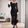 2025 new sexy and elegant lace long-sleeved lapel color-blocking temperament celebrity high-end dress